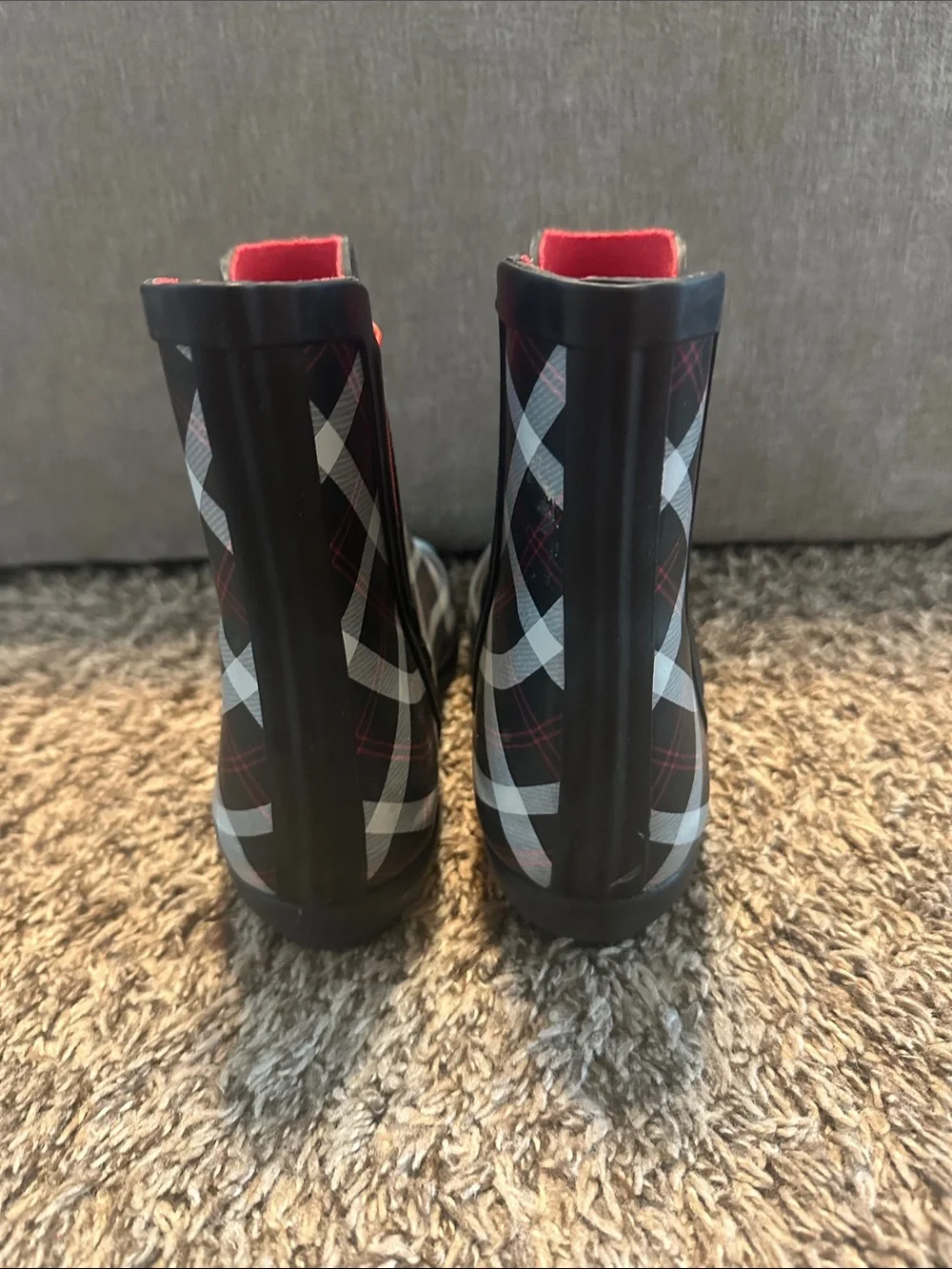 Charter Club Black Plaid Ankle Rain Boot with Red Trim x